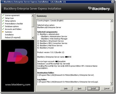8 BES install Summary screen